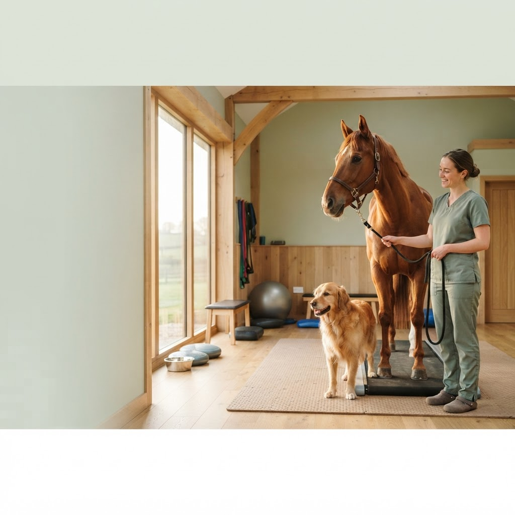 Hund und Pferd in einer hellen Physiotherapie-Praxis